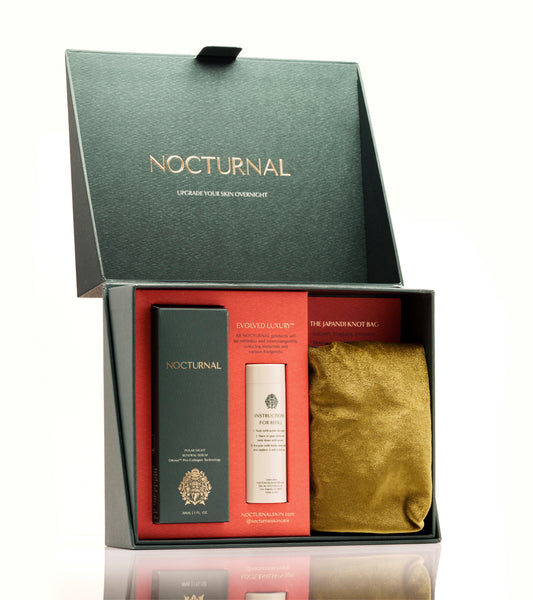 Image of the Nocturnal Skincare box set. The lid is open and shows the full size product, the product refill and the Japandi Japanese knot bag. 