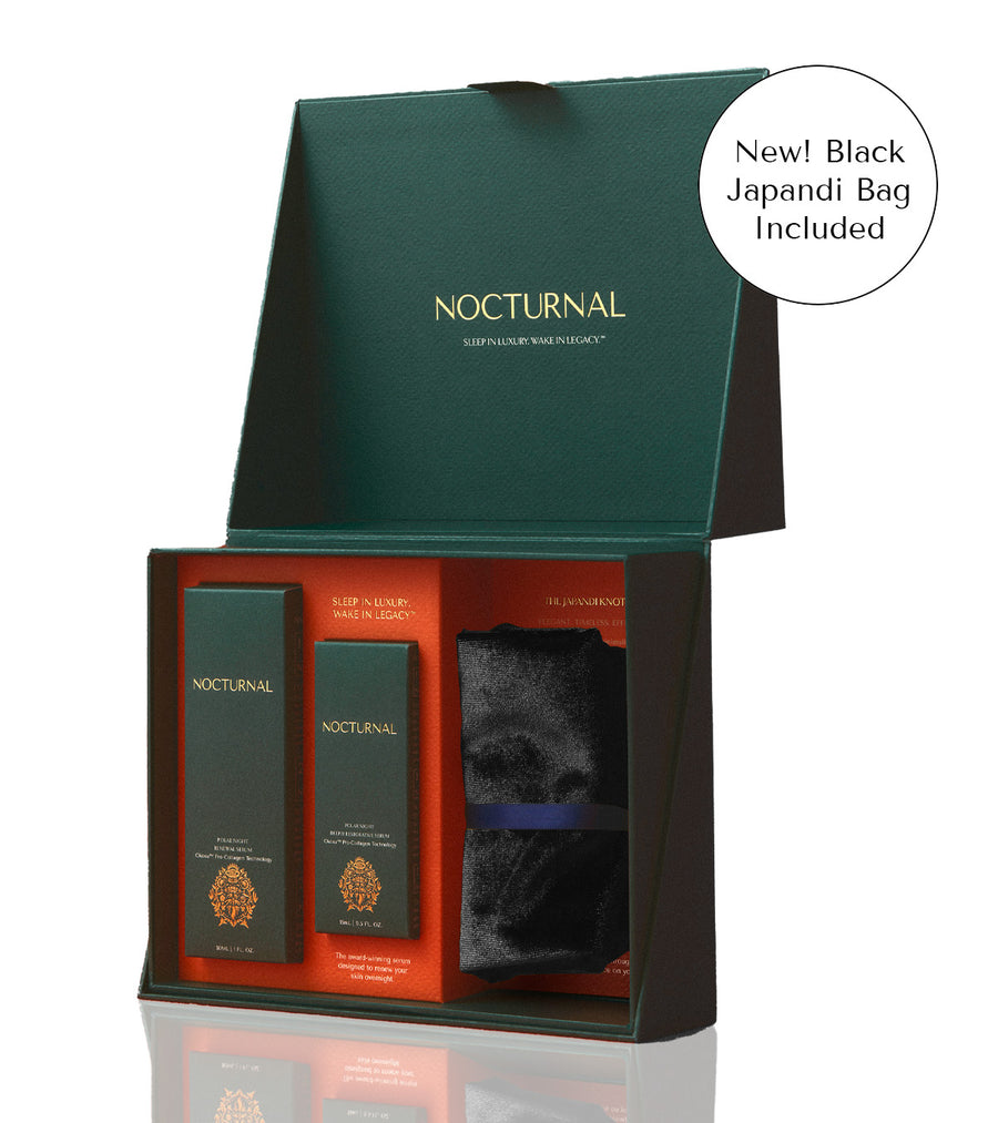 Nocturnal skincare product set with a black Japandi bag included, displayed in a green box.
